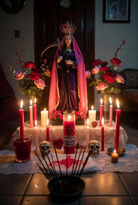 Velas blancas y elementos sagrados para ceremonia de protección